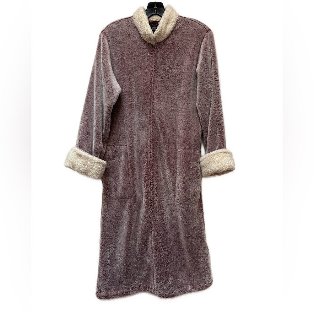 Natori Plush Long Robe in Dusty Mauve with Cream Trim
